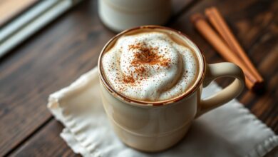 Capuccino Cremoso De Liquidificador: 5 Min E 4 Ingredientes 9 Caneca de capuccino cremoso com espuma densa e polvilhado de canela, sobre fundo de madeira rústica.