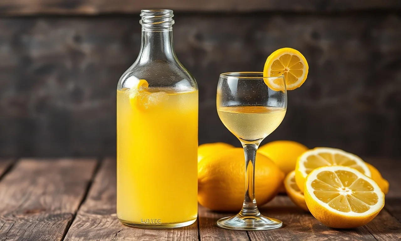 Limoncello Caseiro Original: Receita Italiana Aromática 3 Garrafa de limoncello caseiro de cor amarelo-dourado vibrante, servida gelada com fatias de limão fresco.