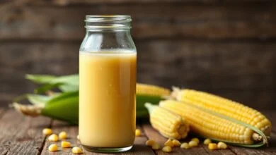 Suco De Milho Cremoso Perfeito: Apenas 5 Ingredientes 9 Bebida espessa e dourada servida gelada em uma jarra de vidro, com textura aveludada e grãos de milho fresco ao lado.