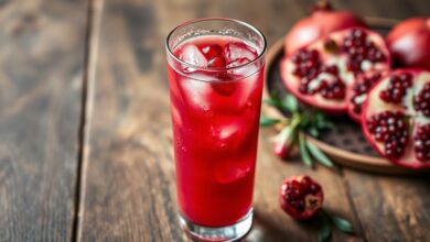 Suco De Romã Perfeito: Como Extrair Os Grãos Sem Sujar Tudo 7 Um copo alto de suco de romã de cor vibrante e intensa, servido com gelo e alguns grãos de romã flutuando, pronto para ser saboreado.
