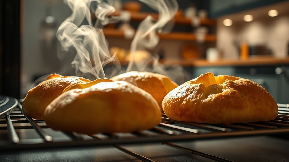close-up de pães de queijo dourados saindo do forno, vapor visível, textura crocante por fora e macia por dentro, fundo desfocado de cozinha acolhedora, estilo moderno e realista