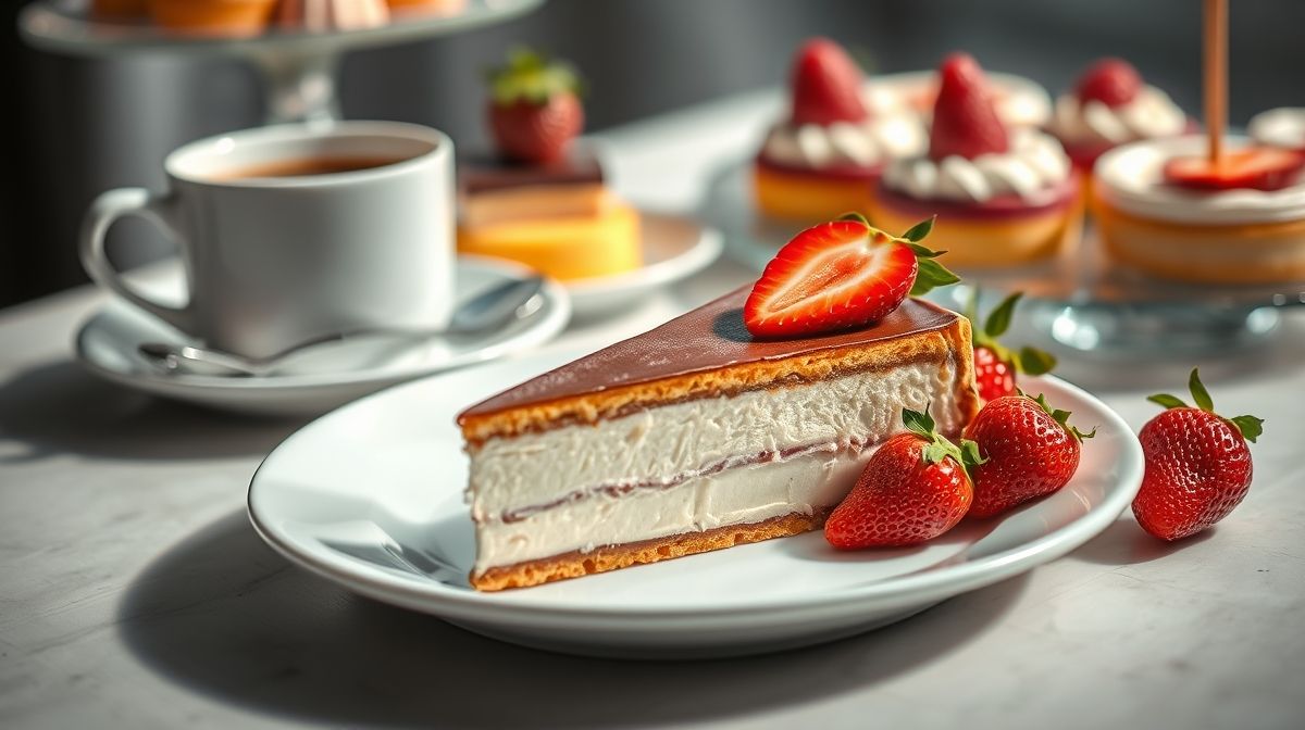 Pedaço de pavê cremoso servido em prato branco, ao lado de xícara de café e morangos frescos, fundo desfocado de mesa de sobremesas, luz natural suave, estilo fotografia culinária