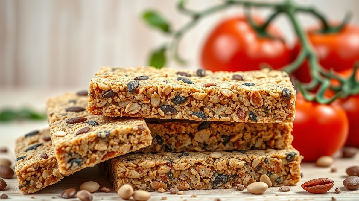 Close em barrinhas de cereais crocantes, sementes visíveis, tomate fresco ao fundo, fotografia clean estilo saudável, fundo de madeira clara, props minimalistas, aparência artesanal, food styling moderno.