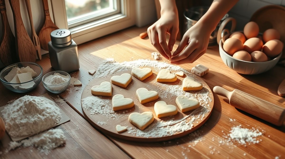 mãos modelando biscoitos de fécula de batata em formato de coração em bancada, ingredientes ao redor, ambiente de cozinha caseira, luz natural, estilo tutorial culinário