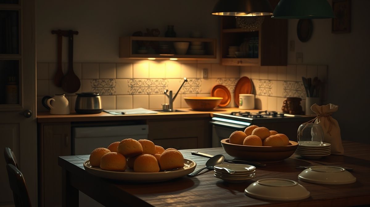 Cena de cozinha caseira iluminada, várias bolachas recheadas sendo montadas sobre bancada de madeira, biscoitos escuros ao lado de tigela de recheio branco, espátula e saco de confeiteiro ao fundo. Atmosfera acolhedora e realista.