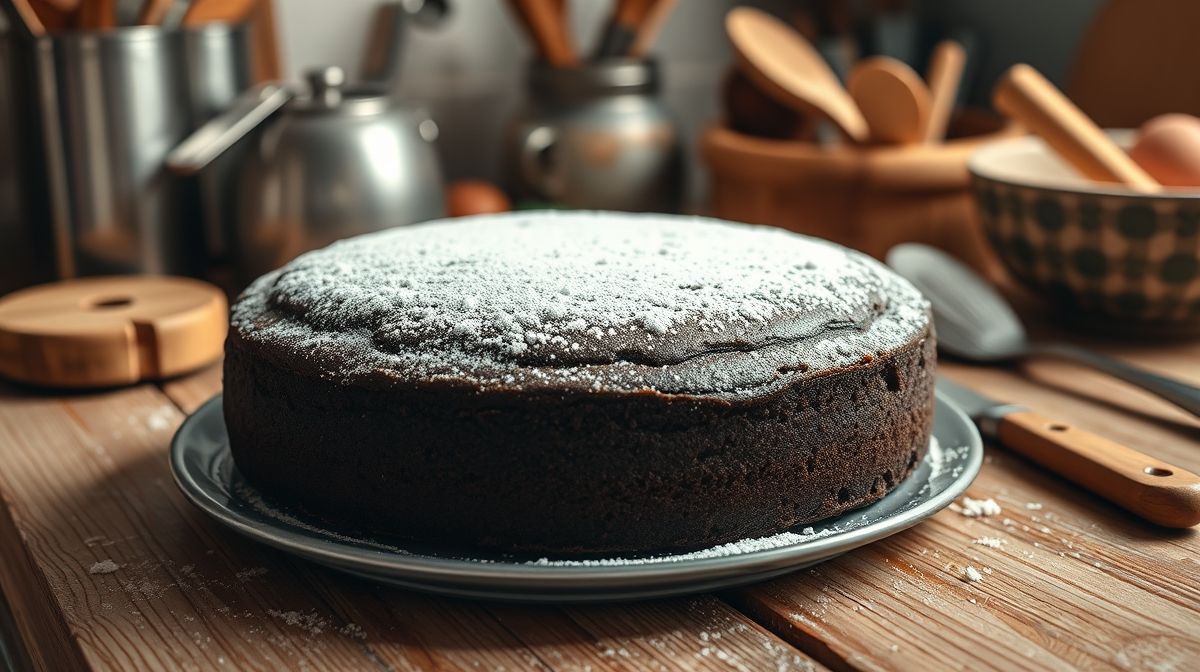 Bolo de chocolate caseiro recém-saído do forno, sobre uma superfície rústica de madeira, polvilhado com açúcar de confeiteiro, utensílios de cozinha ao redor, clima de praticidade e sabor, fotografia clara, cenário de cozinha brasileira