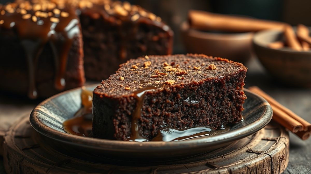 Imagem de close no bolo de melado de cana já fatiado, focando na textura úmida e coloração escura, com detalhes do melado escorrendo e uma fatia servida sobre prato artesanal, decoração com canela, cenário simples e rural, fotografia realista.