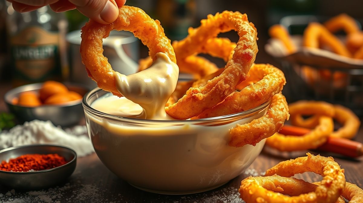 Imagem detalhada mostrando anéis de cebola sendo mergulhados em massa cremosa com cerveja, com ingredientes destacados ao redor (farinha, páprica, cerveja clara), ambiente caseiro e vibrante, foco em textura e cor dourada.