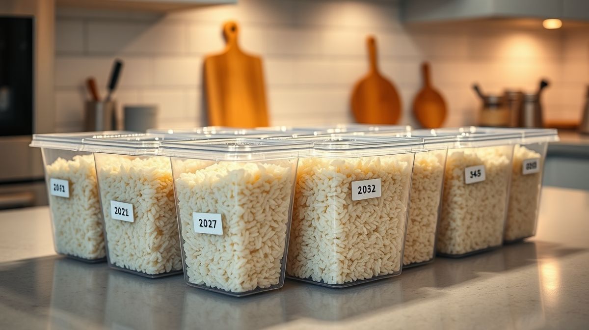 Imagem mostrando porções individuais de arroz cozido divididas em recipientes plásticos próprios para congelamento, com etiquetas de data, em fundo de bancada de cozinha organizada.