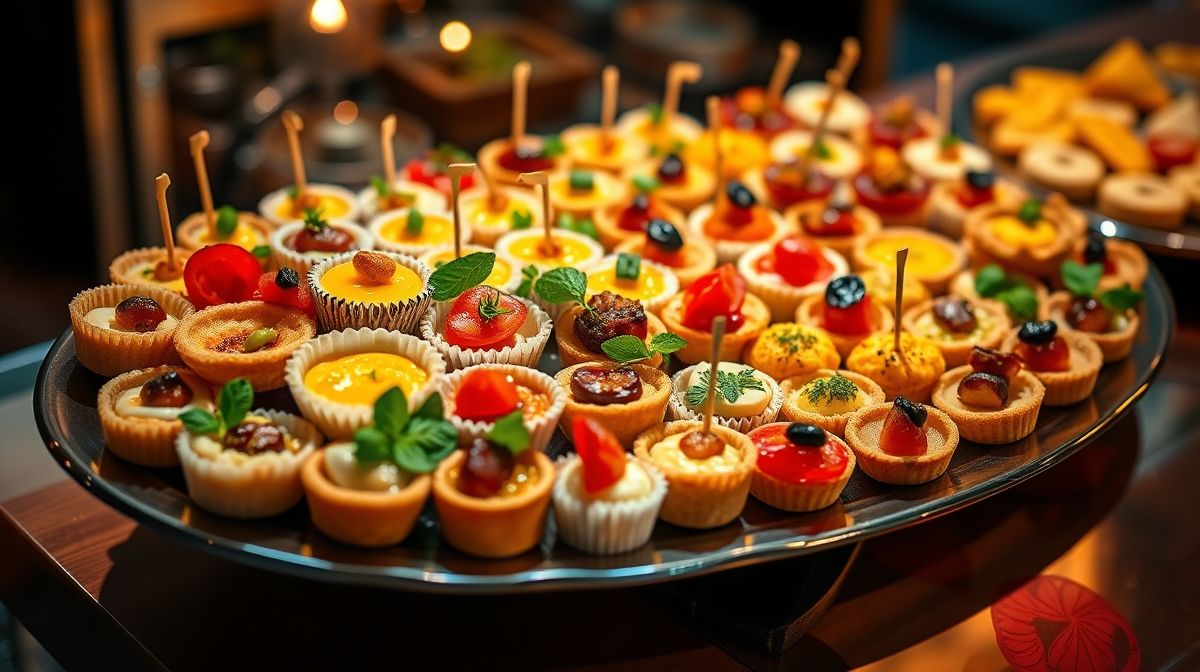 Bandeja de finger foods variados (canapés, mini quiches, salgadinhos), apresentação colorida e apetitosa, destaque para diversidade e praticidade dos petiscos.
