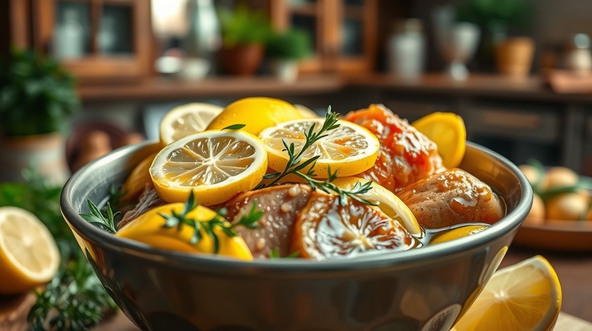 Imagem close-up de uma tigela com a marinada para lombo de porco com limão, mostrando limões cortados, azeite, alho e ervas frescas misturadas. Ambiente de cozinha, fundo desfocado, luz natural, estilo culinário.