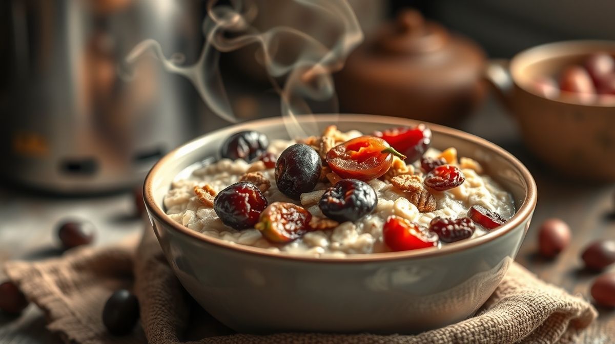 Imagem detalhada de mingau de aveia servido em uma tigela com uvas-passas, ameixas secas, castanhas picadas e uma leve fumaça saindo, mostrando seu frescor. Fundo desfocado sugere uma cozinha caseira durante o café da manhã em clima frio.