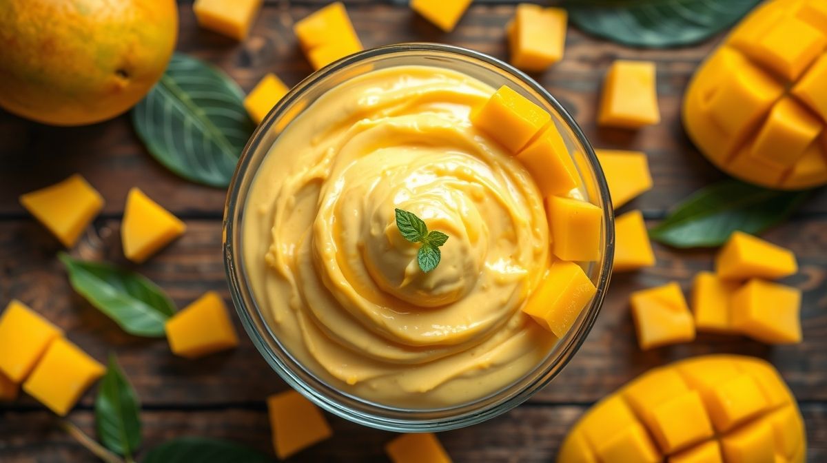 top view of a glass bowl filled with smooth and creamy mango mousse, fresh mango cubes scattered around, bright and fresh setting, tropical fruit dessert, vibrant colors, styled on rustic wooden table, high resolution