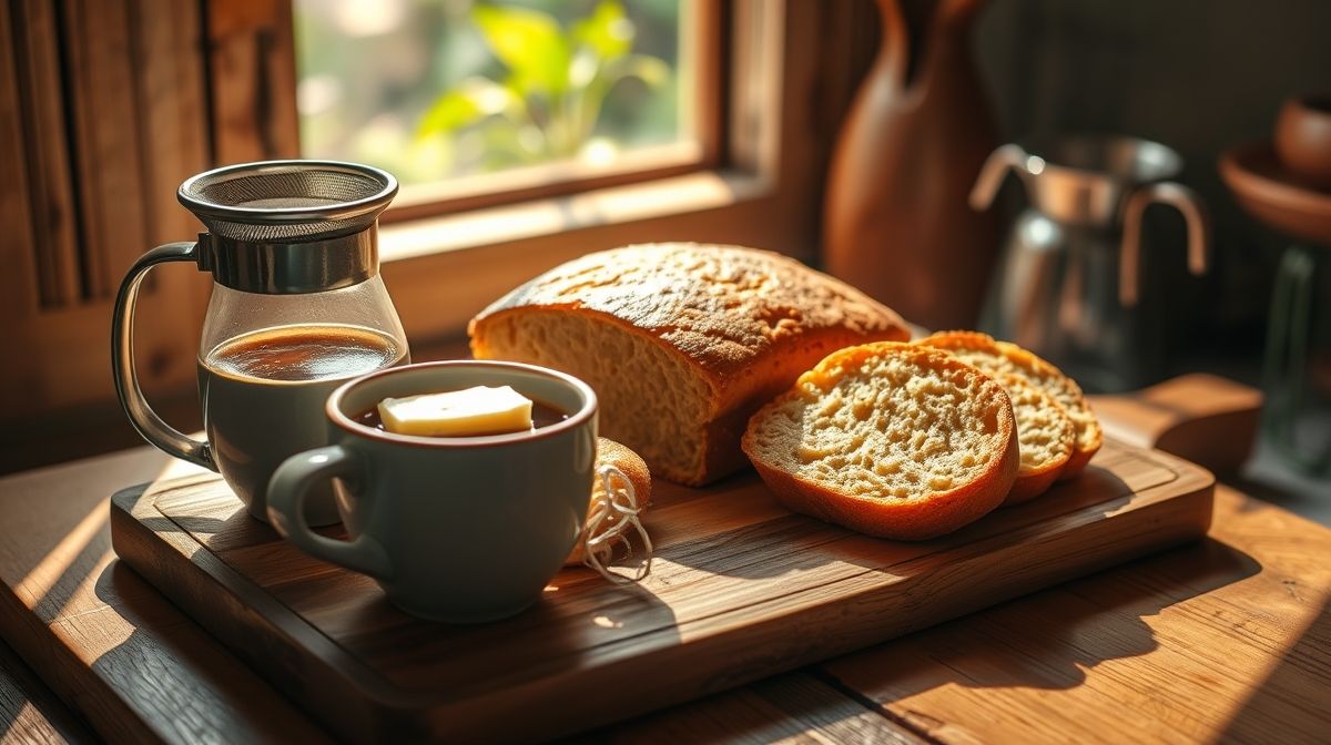 Pão de mandioca macio recém-assado, fatias servidas com manteiga e café passado em coador, tábua de madeira, cenário brasileiro rural, textura fofo e casca fina, clima acolhedor de café da manhã