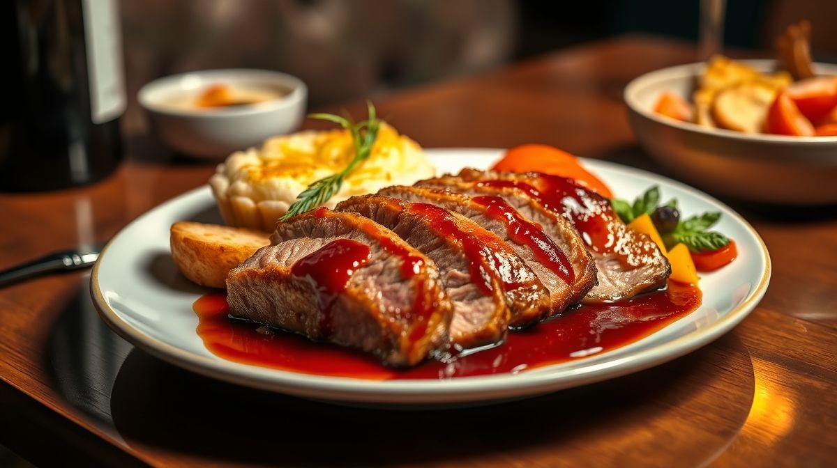 Close no prato de pato agridoce fatiado, pele dourada e crocante, regado com molho de vinho, acompanhado de batatas gratinadas e legumes coloridos, cenário gourmet e iluminação apetitosa.