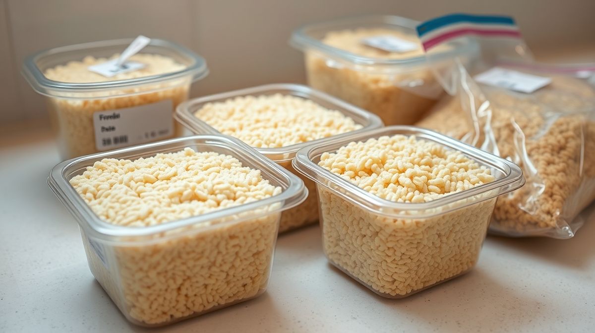 Close de porções individuais de farofa congelada em potes transparentes e sacos plásticos lacrados, rótulos com data visíveis, sobre fundo de bancada clara, foco em detalhes de textura crocante da farofa.