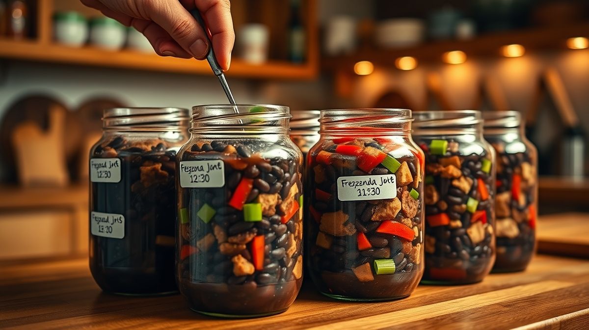 Imagem passo a passo mostrando potes de vidro sendo preenchidos com feijoada resfriada, identificados com etiquetas de data, prontos para serem levados ao freezer; destaque nos ingredientes coloridos da feijoada.