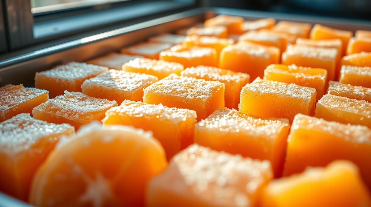 Close-up de cubos de laranja congelada em uma assadeira, com cristais de gelo visíveis, aspecto fresco e suculento, luz natural, ambiente de cozinha caseira, foco na textura vibrante da fruta.