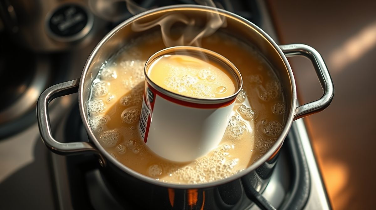 Imagem mostrando uma lata de leite condensado, sem rótulo, mergulhada em panela com água no fogão, destacando o processo de cozimento para transformar em doce de leite, luz natural, ângulo superior.