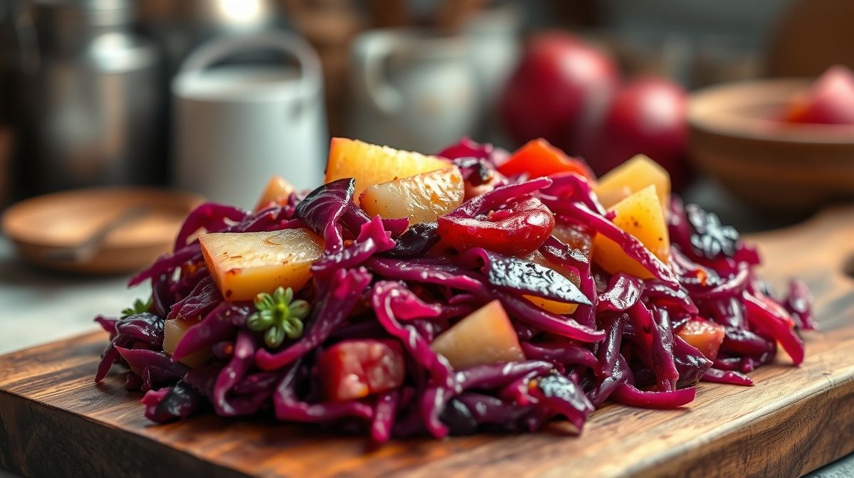 Close-up de repolho roxo agridoce cremoso, mostrando pedaços de maçã e ameixa, servidos sobre tábua de madeira, cenário de cozinha tradicional, fundo desfocado, detalhamento das cores contrastantes.