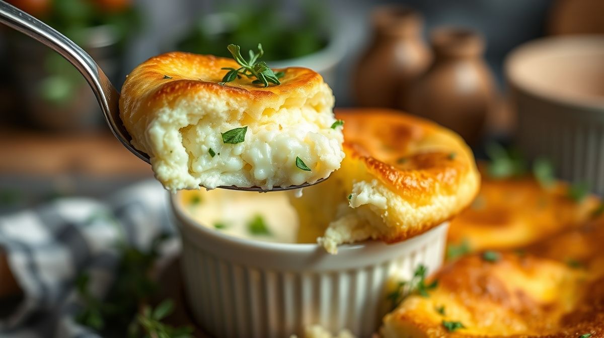 Foto close-up mostrando uma colher servindo o interior fofo e cremoso do suflê de queijo meia-cura com cheiro verde, revelando textura aerada, cores vivas das ervas e superfície dourada, fundo desfocado de cozinha caseira aconchegante.