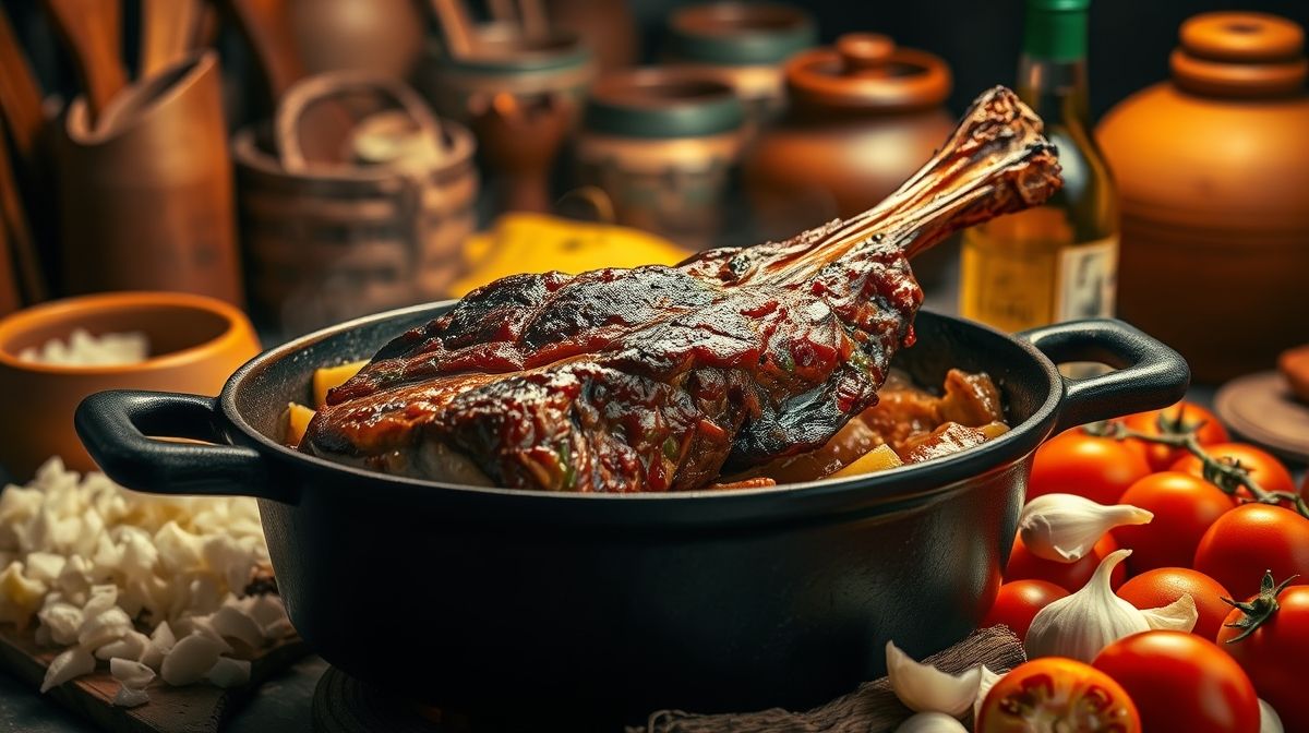 Imagem de costela bovina dourando em panela de ferro, ao lado de ingredientes como mandioca picada, cebola, alho, tomate e cachaça, em uma cozinha de estilo mineiro