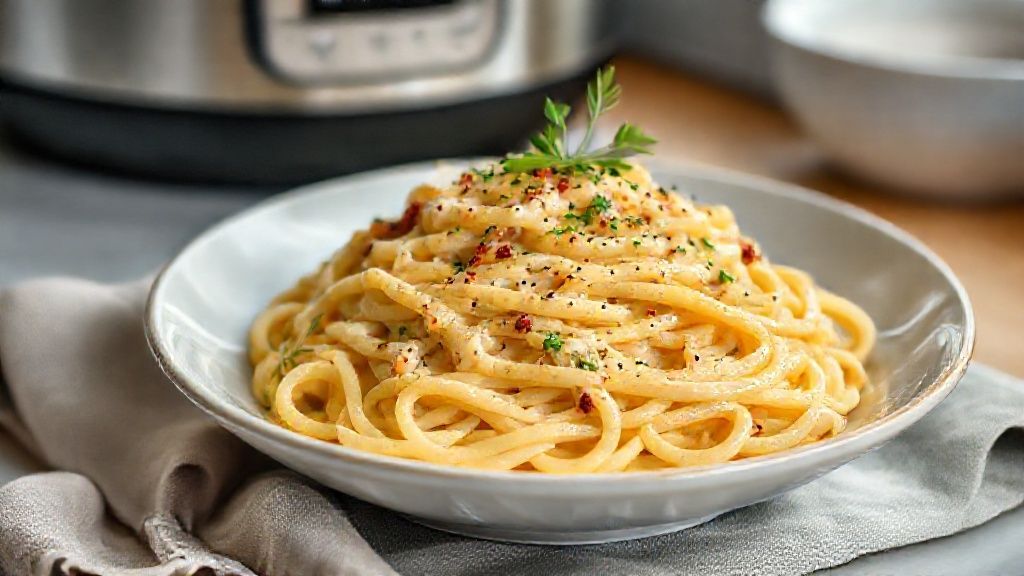 Prato de macarrão cremoso com molho encorpado e pedaços de frango, servido em prato fundo com queijo e manjericão fresco.