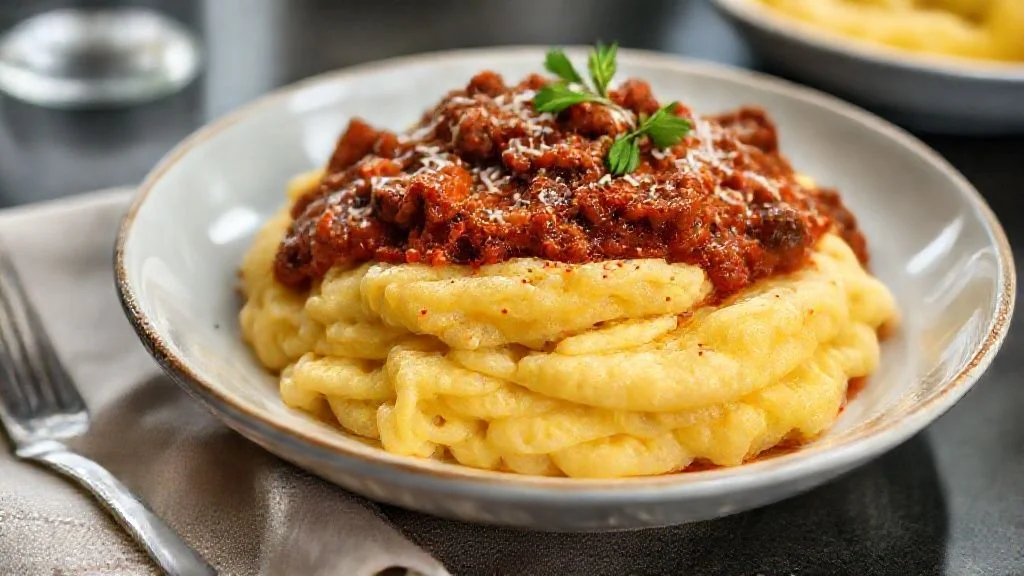 Prato de polenta cremosa coberta com ragu de carne suculento, queijo derretido e cebolinha picada