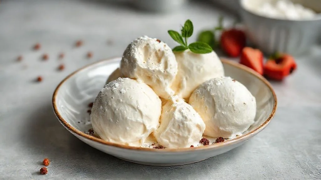 Sorvete caseiro de leite ninho cremoso servido em tigela branca, decorado com raspas de chocolate branco e polvilhado com leite em pó