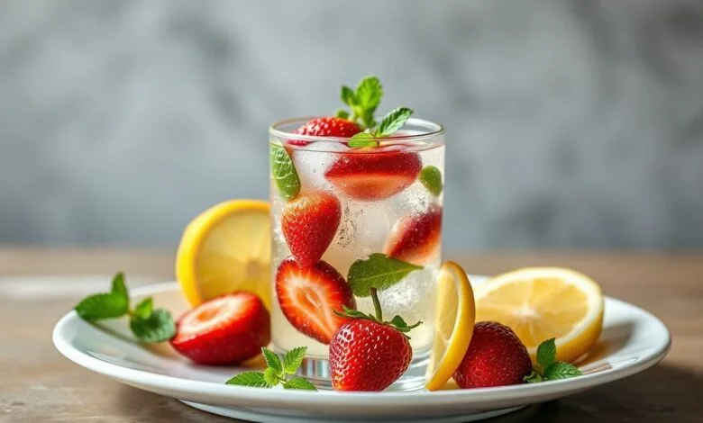 Água aromatizada com sabor intenso de limão, hortelã e morangos em um copo decorado, rodeada de frutas frescas.