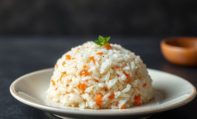 Arroz de Sushi Perfeito: 3 Segredos para Grãos Brilhantes 26 Prato de arroz de sushi pronto, com grãos brilhantes e textura soltinha, em uma tigela de cerâmica.