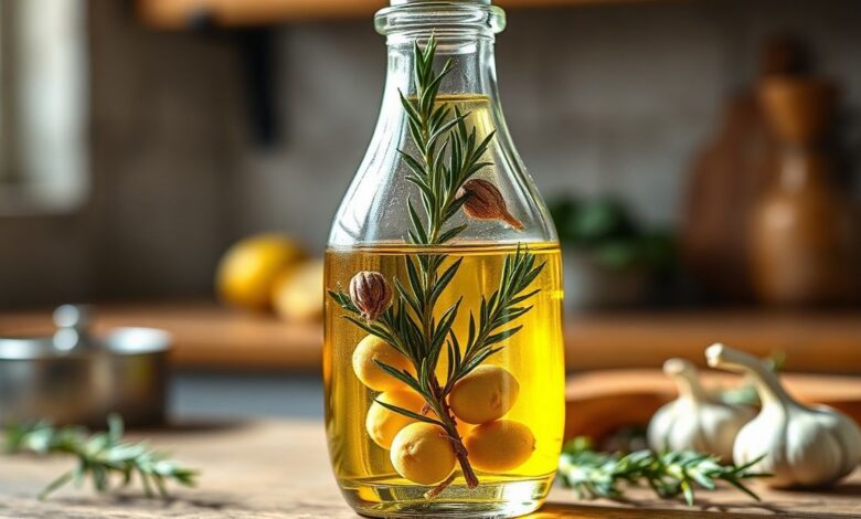 Azeite Aromatizado: Receita Fácil Para Elevar Seus Pratos 26 Garrafa de vidro elegante exibindo o azeite dourado com ramos de alecrim e alho