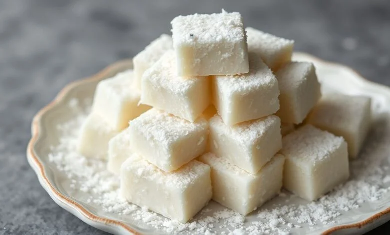 Bala De Coco Gelada: Receita Fácil Com 3 Ingredientes 36 Cubos brancos e macios de bala de coco cobertos com flocos de coco