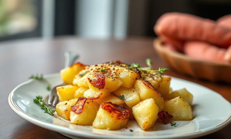 Batata Gratinada: 5 Dicas Para o Sabor Perfeito 45 Um prato de batata gratinada perfeitamente assada, com queijo derretido e bem dourado, servido em uma mesa elegante.
