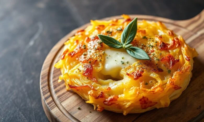 Batata Rosti Recheada: Segredo Da Crocância Perfeita 17 Batata rosti perfeitamente dourada e circular servida em uma tábua rústica