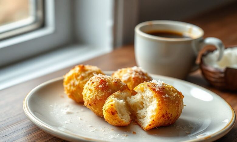 Café Da Manhã Low Carb Fácil Com Bolinhas De Coco 46 Bolinhas pequenas e douradas, com casquinha de parmesão, textura macia e aparência caseira, servidas ainda quentes