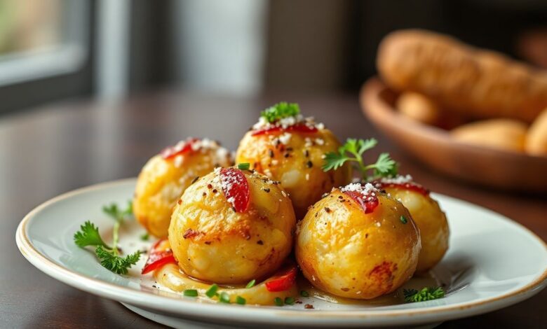 Bolinho de Batata Recheado: 5 Segredos para Fritar Perfeito! 5 Prato de bolinhos de batata recheados, crocantes e dourados, servidos em uma mesa rustica, prontos para serem degustados.