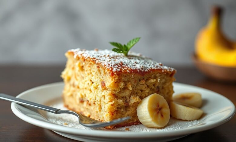 Bolo de Banana Fofinho: 3 Segredos para Derreter na Boca 31 Bolo de banana fofinho inteiro sobre um suporte, com casquinha dourada e fatias de banana decorando.