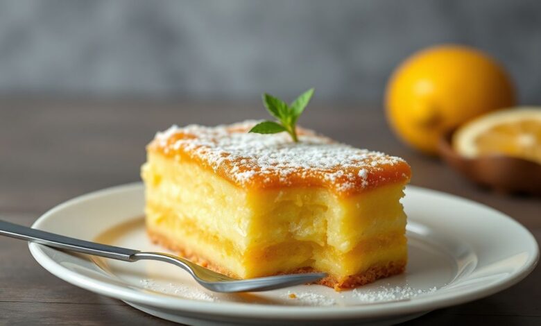 Bolo de leite condensado com casquinha de limão, perfeitamente umedecido e com crosta dourada, apresentado em um prato elegante.