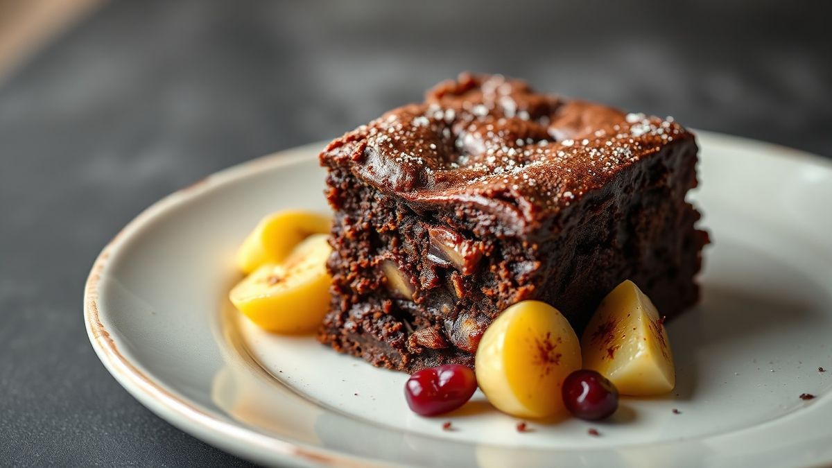 Brownie perfeito com casquinha crocante e interior úmido, decorado com nozes, servido em prato elegante.