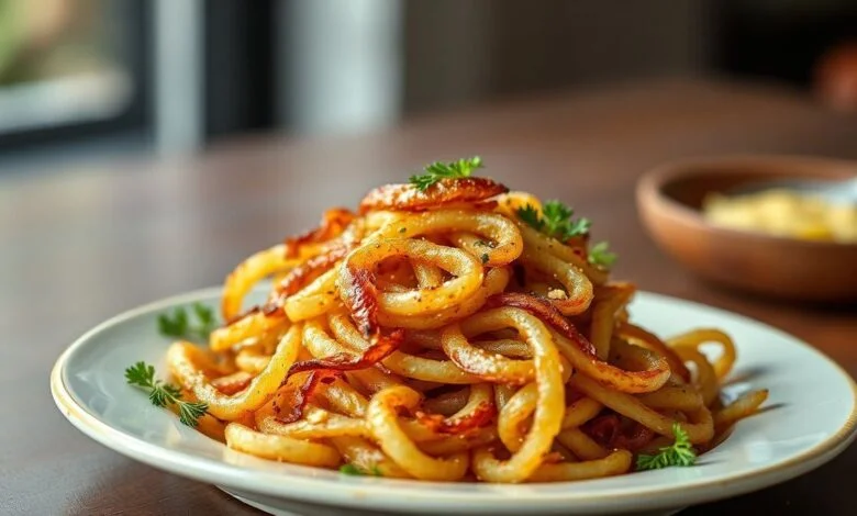 Cebolas Fritas Crocantes: Aprenda a Técnica Infalível em 5 Passos! 1 Prato colorido de cebolas fritas crocantes, em um fundo rústico, bem apresentadas e com um olhar apetitoso.