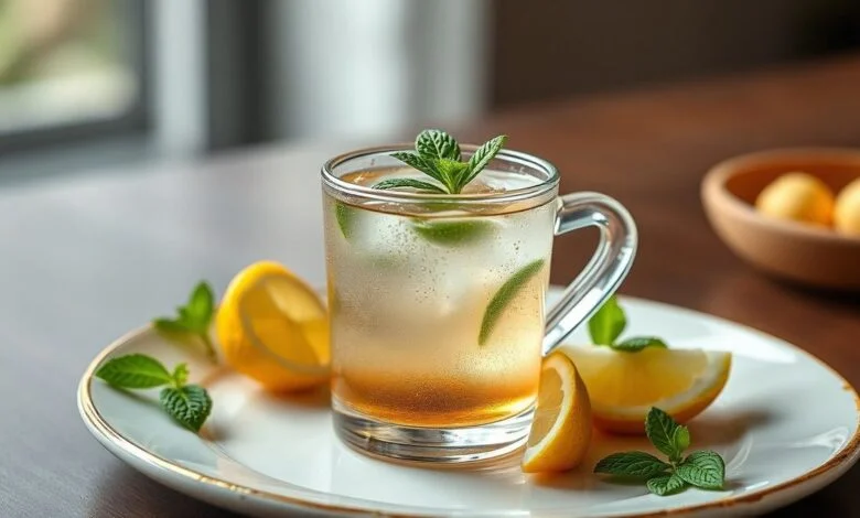 Chá de Hortelã: 5 Benefícios Surpreendentes para sua Digestão! 1 Uma xícara de chá de hortelã fresco, decorada com folhas de hortelã e uma rodela de limão, em um ambiente iluminado.