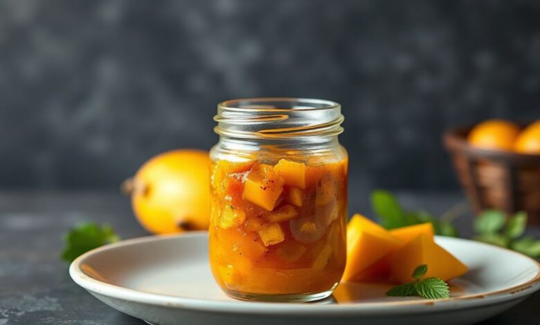 Chutney de Manga: Aprenda a Fazer em 5 Passos 11 Chutney de manga em um pote de vidro, vibrante e aromático, ideal para acompanhar pratos variados.