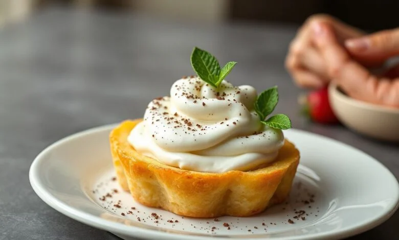 Creme de Confeiteiro Perfeito em 5 Passos Simples! 1 Creme de confeiteiro perfeitamente liso e sedoso, servido em um recipiente elegante, decorado com frutas.