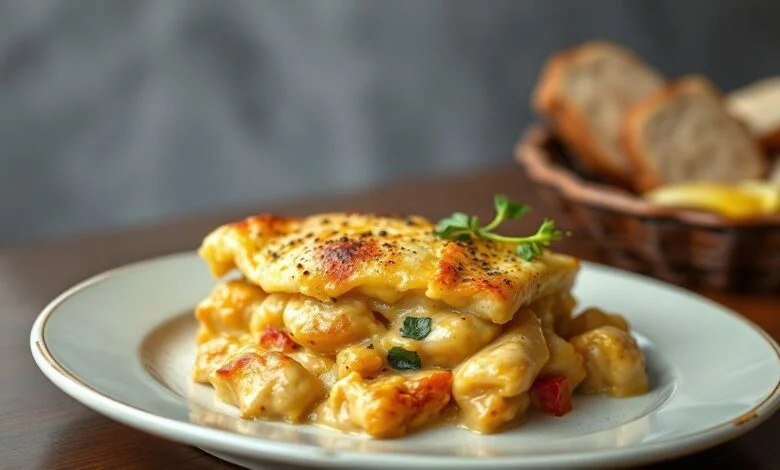 Empadão de Frango Cremoso: Você Nunca Provou Assim! 6 Empadão de frango cremoso, bem dourado, com queijo derretido e servido em um prato elegante, convidativo e apetitoso.