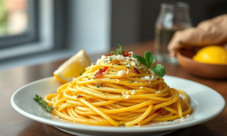 Espaguete ao Limão: 5 Ingredientes para um Prato Refrescante! 9 Um prato de espaguete ao limão cremoso, decorado com raspas de limão e folhas de manjericão, servido em um prato elegante.