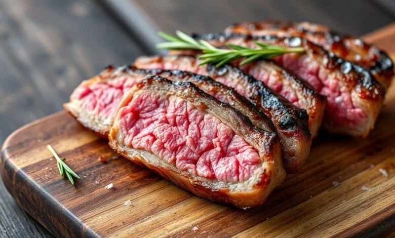 Carne Para Churrasco Barata E Macia: As 5 Melhores Opções 5 Fatias de fraldinha perfeitamente grelhadas exibindo o interior rosado e suculento.