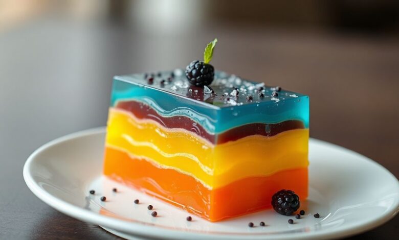 Prato de gelatina colorida enformada com camadas bem definidas e cores vibrantes, decorado elegantemente.