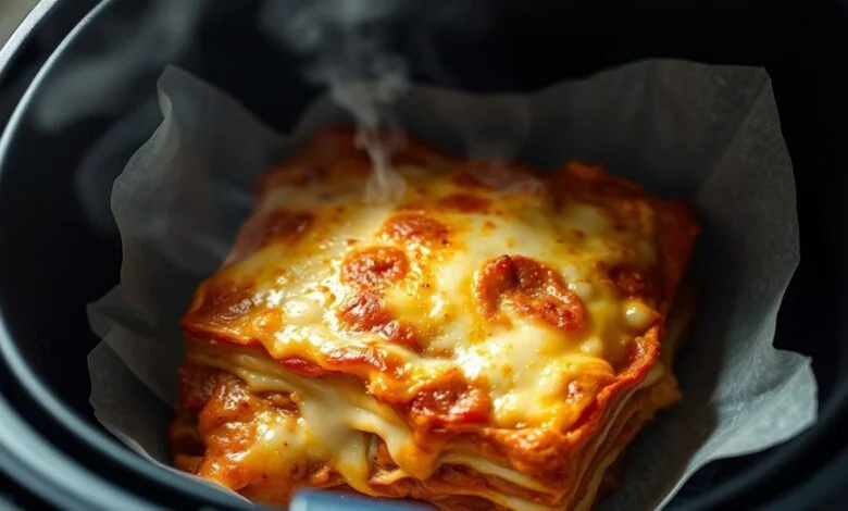 Lasanha Congelada Na Airfryer: Técnica Para Gratinar Perfeito 1 Lasanha industrializada perfeitamente dourada e suculenta saindo da fritadeira
