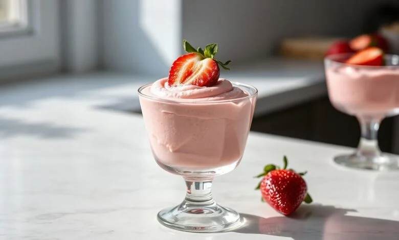 Sobremesa De Morango Cremosa: Pronta Em 10 Minutos E Fácil 13 Taça elegante com mousse rosa aveludado decorado com morangos